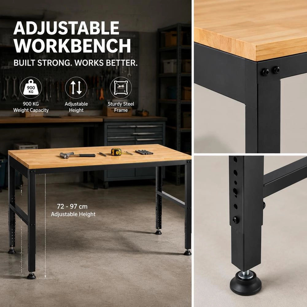 Height-adjustable Workbench 122 X 61 X 72 - 97 Cm Clamping Table, 900 Kg Weight Capacity Work Table, Brown. Folding Tool Bench Made Of Cold-rolled Steel, Multifunctional Work Table For Workshop.