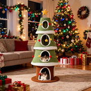 Albero di Natale per Gatti 154 cm, Tiragraffi per Gatti a 4 Livelli con Cuccia Grotta in Peluche con Palline, Piattaforma e Palla, Torre per Gatto con Rifugio, Forma di Albero di Natale