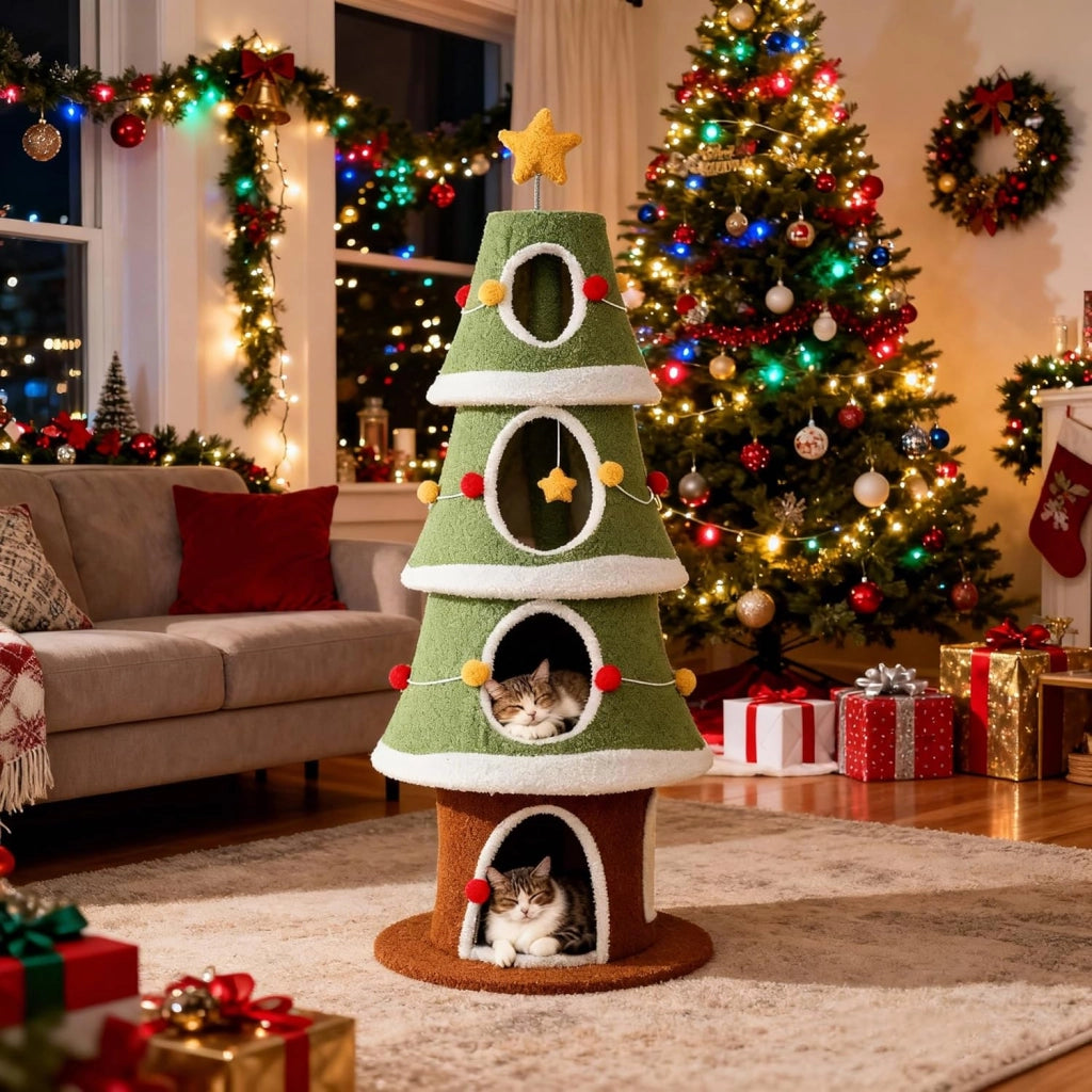 Albero di Natale per Gatti 154 cm, Tiragraffi per Gatti a 4 Livelli con Cuccia Grotta in Peluche con Palline, Piattaforma e Palla, Torre per Gatto con Rifugio, Forma di Albero di Natale