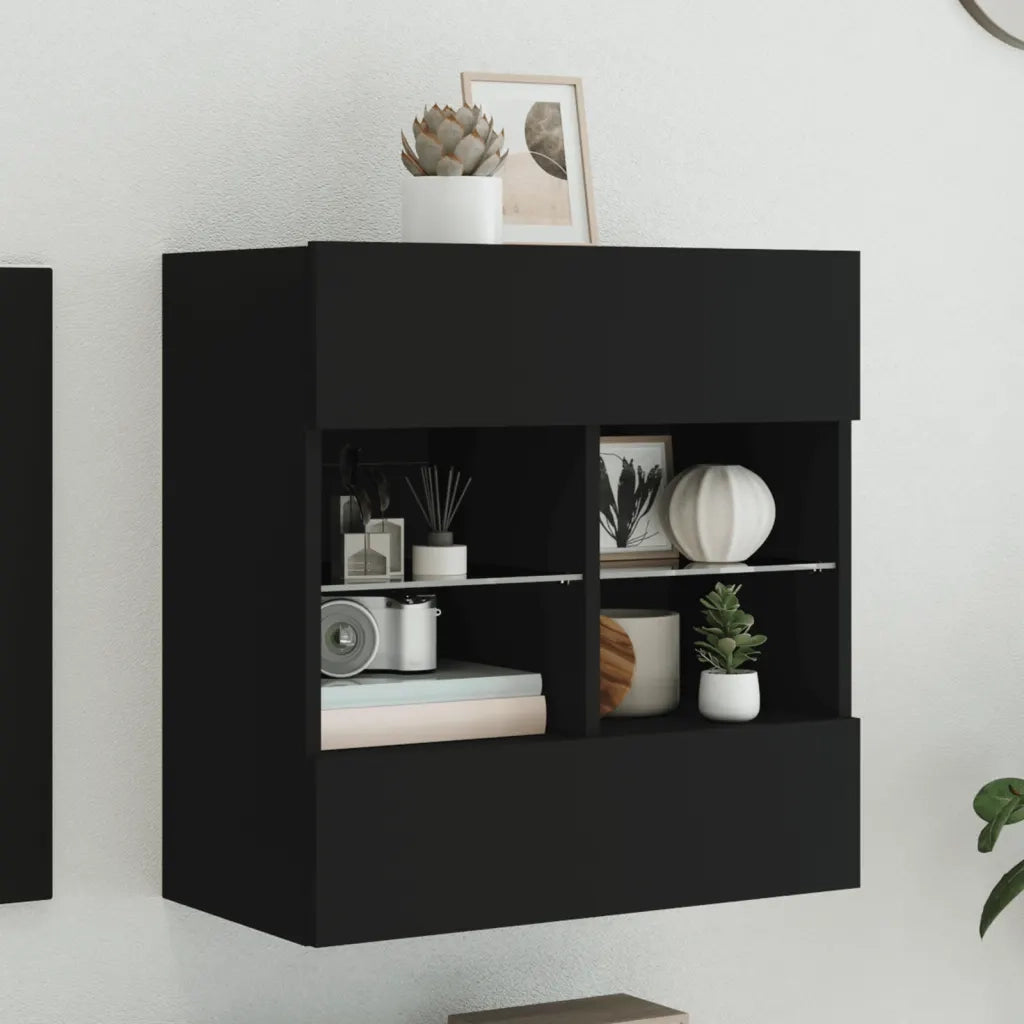 Mobile TV a Parete con Luci LED-Mobile TV a Muro Nero 58,5x30x60,5 cm