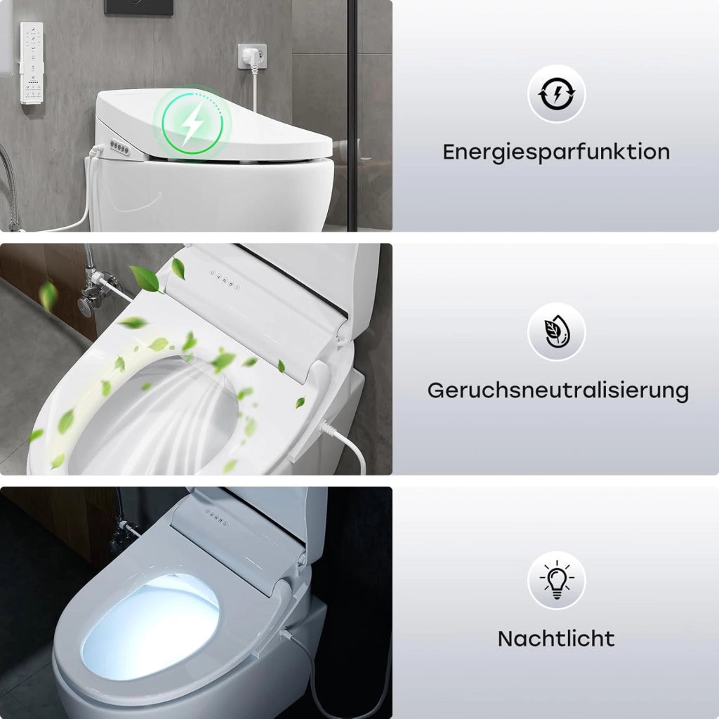 Copriwater intelligente con spruzzatore autopulente e installazione di asciugatura ad aria calda, sedile per doccia con luce notturna, deodorazione, risparmio energetico