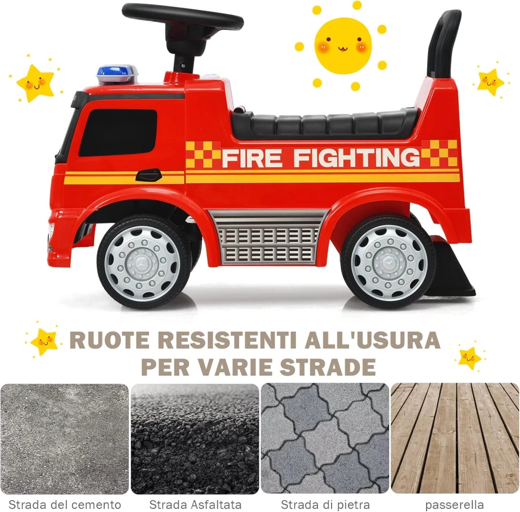 Camion dei Pompieri per Bambini, Macchinina Cavalcabile per Bambini, con Volante, Schienale, Macchina Cavalcabile con Piedi a Terra, Rosso