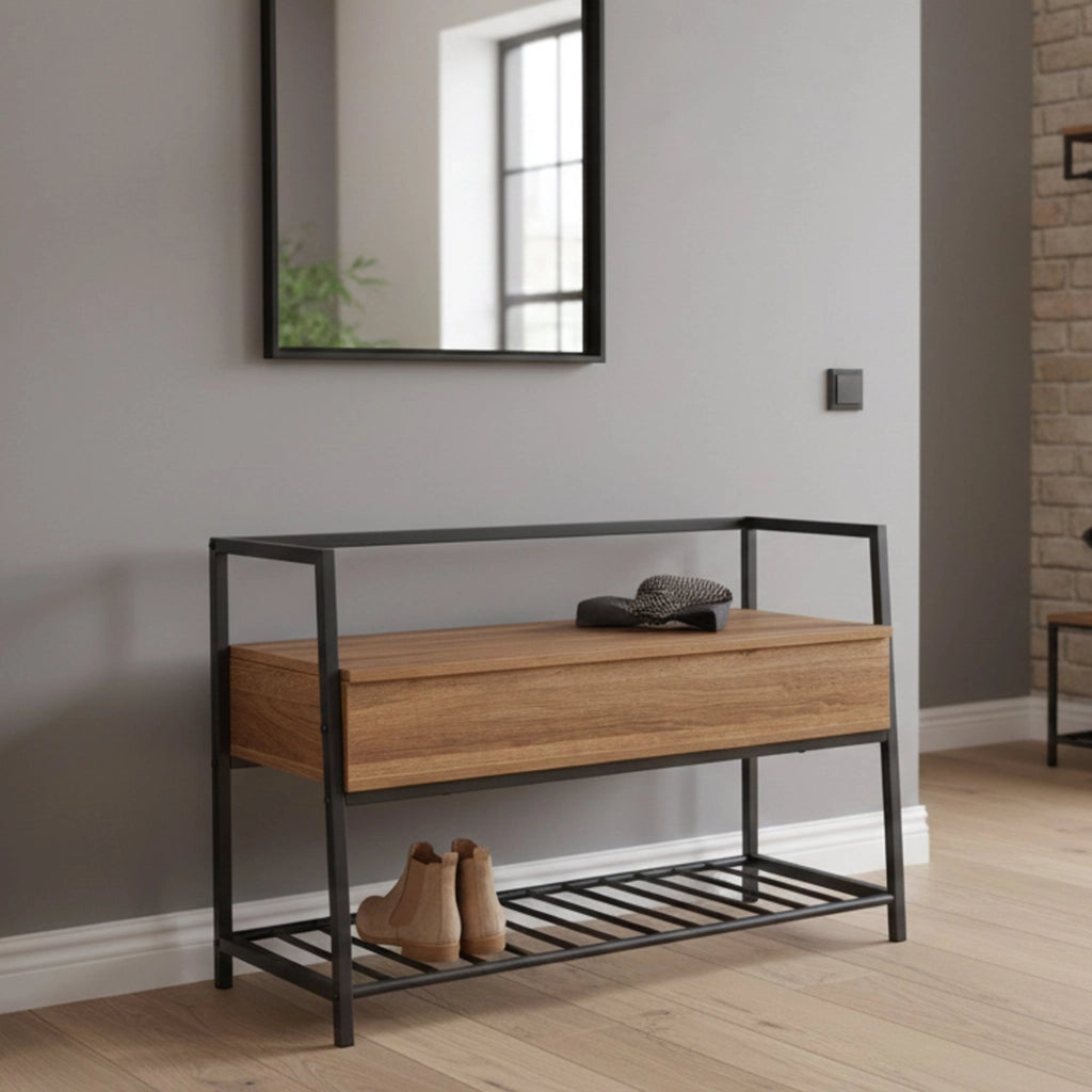 Scarpiera con contenitore e Dpierc, in metallo nero e nobilitato color quercia, cm 90x39x61