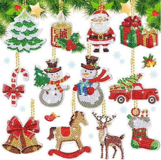 Set di pittura a diamanti 5D da 12 pezzi per bambini - Chiavi da parete natalizie DIY