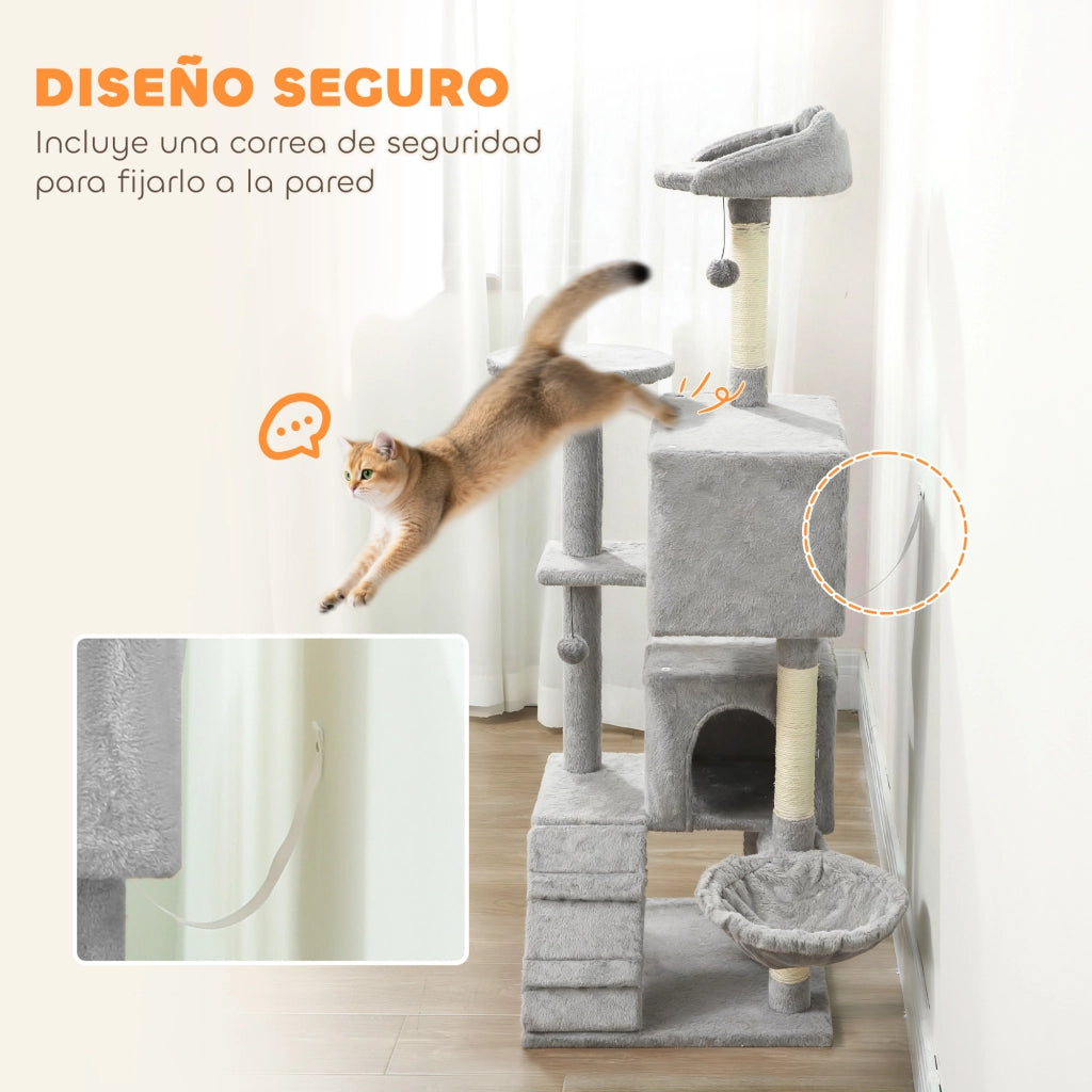 Tiragraffi per Gatti 160cm ¨C Xylo ¨C Grigio Chiaro con Piattaforme Cucce Amaca Scaletta