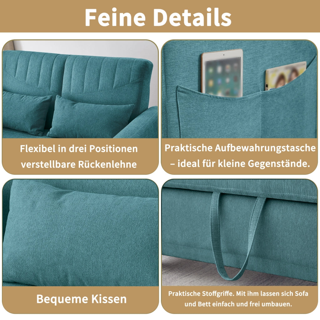 OKWISH Divano Letto 2 Posti, Design Estraibile con Schienale Regolabile a 3 Posizioni e 2 Cuscini, Tessuto Cotone Lino, Blu Verde Anticato