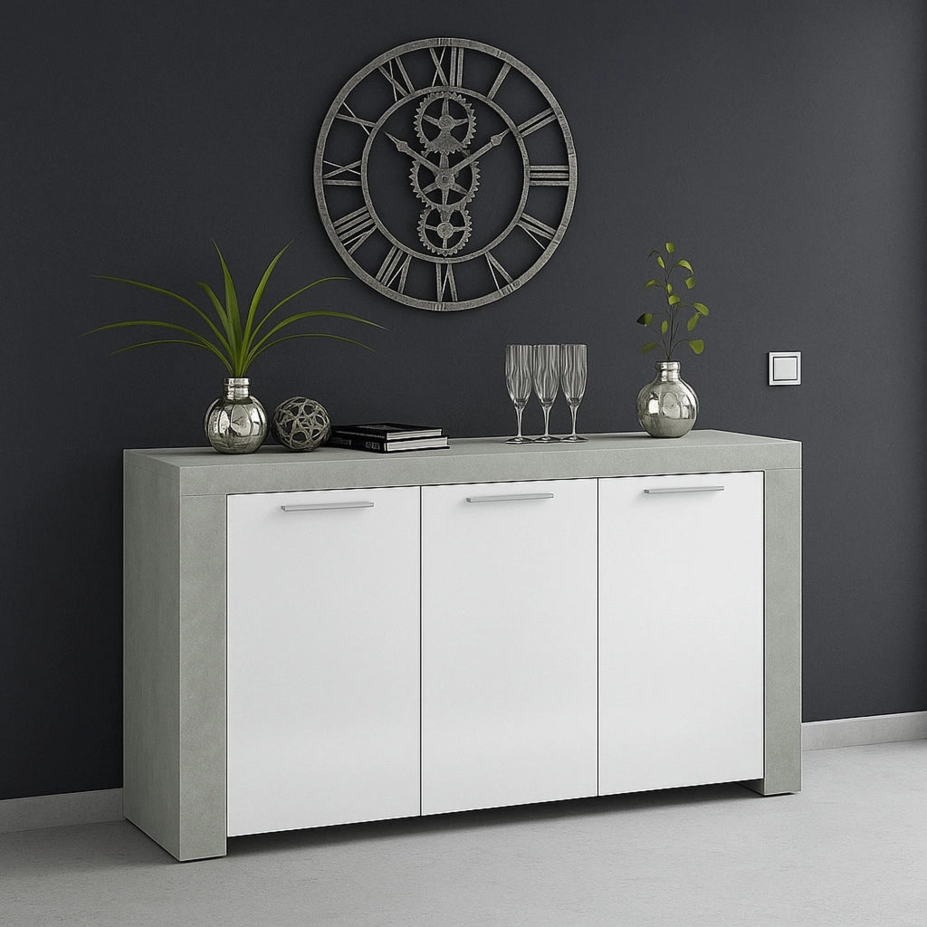 Credenza Amaculi, Madia moderna a 3 ante, Buffet da soggiorno, Mobile porta TV, Madia per salotto, cm 144x42h80, Cemento