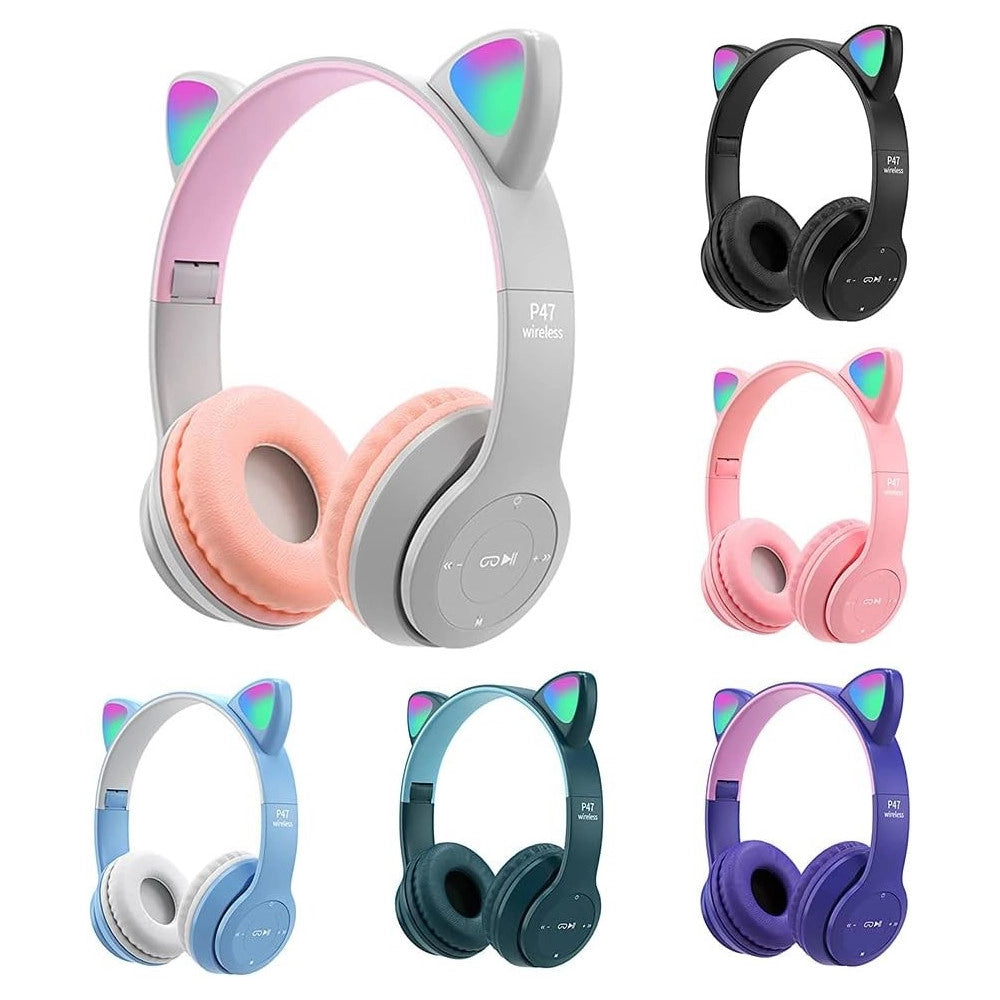 Trade Shop - Cuffie Per Bambini Pieghevoli Senza Fili Con Orecchie Di Gatto A Led Bluetooth -