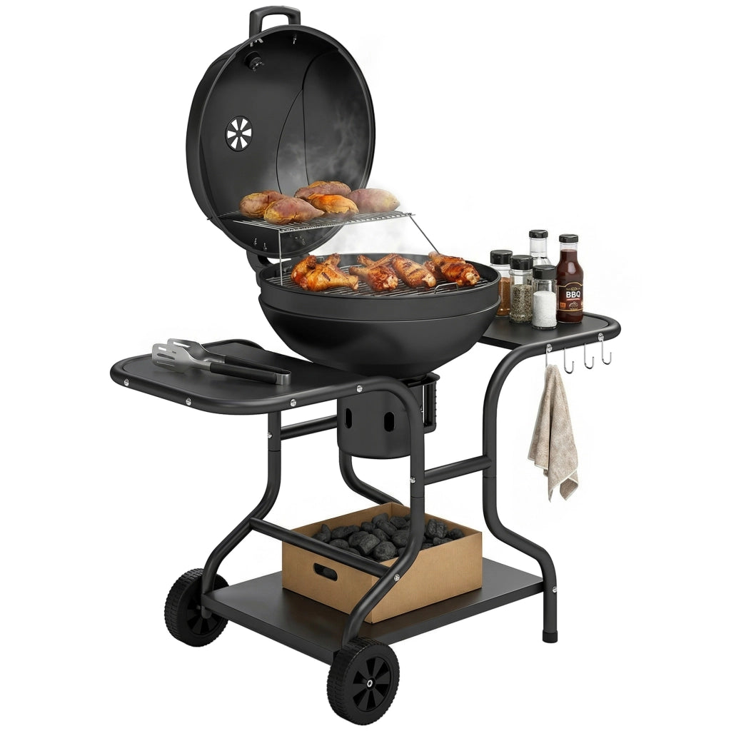 Grill BBQ Smoker con Tavolini Laterali Coperchio e Ruote ¨C zephmum ¨C Grigio 129x63.5x106.5 cm