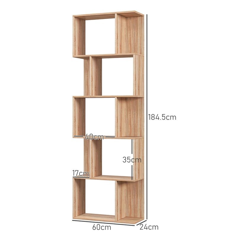 MOBILE LIBRERIA IN LEGNO A 5 RIPIANI CON DIVISORIO 60X24X184.5 CM COLOR LEGNO