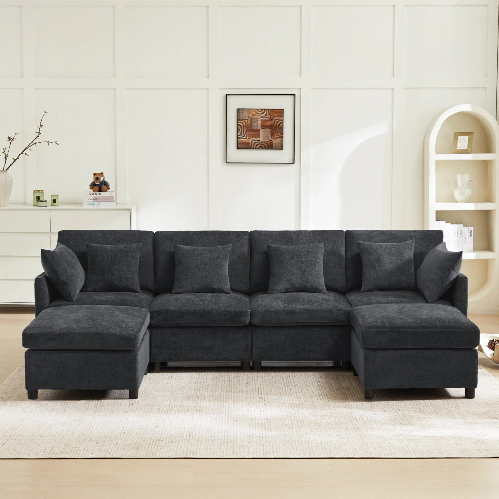 Divano Modulare 4-6 Posti Convertibile a U o L con 2 Pouf e 6 Cuscini, in Ciniglia Grigio