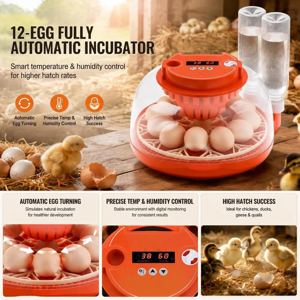 Fully Automatic 12-egg Incubator With Egg Turner, Temperature And Humidity Control, For Hatching Chicks, Ducks, Geese, And Quail.