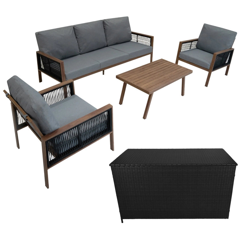 Set Mobili da Giardino 4pz Alluminio Effetto Legno con Cassapanca Rattan Nera 582L