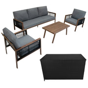 Set Mobili da Giardino 4pz Alluminio Effetto Legno con Cassapanca Rattan Nera 582L