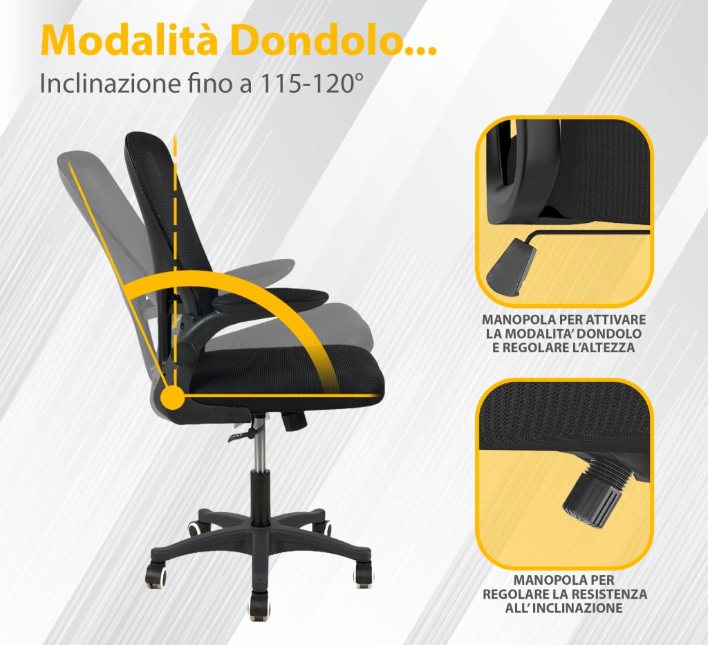Sedia Da Ufficio Con Supporto Lombare, Sedia Scrivania Ergonomica Braccioli Regolabili Altezza Regolabile Schienale In Rete Traspirante,Oscillante Con Ruote Girevoli Poggiatesta - Senza Poggiatesta