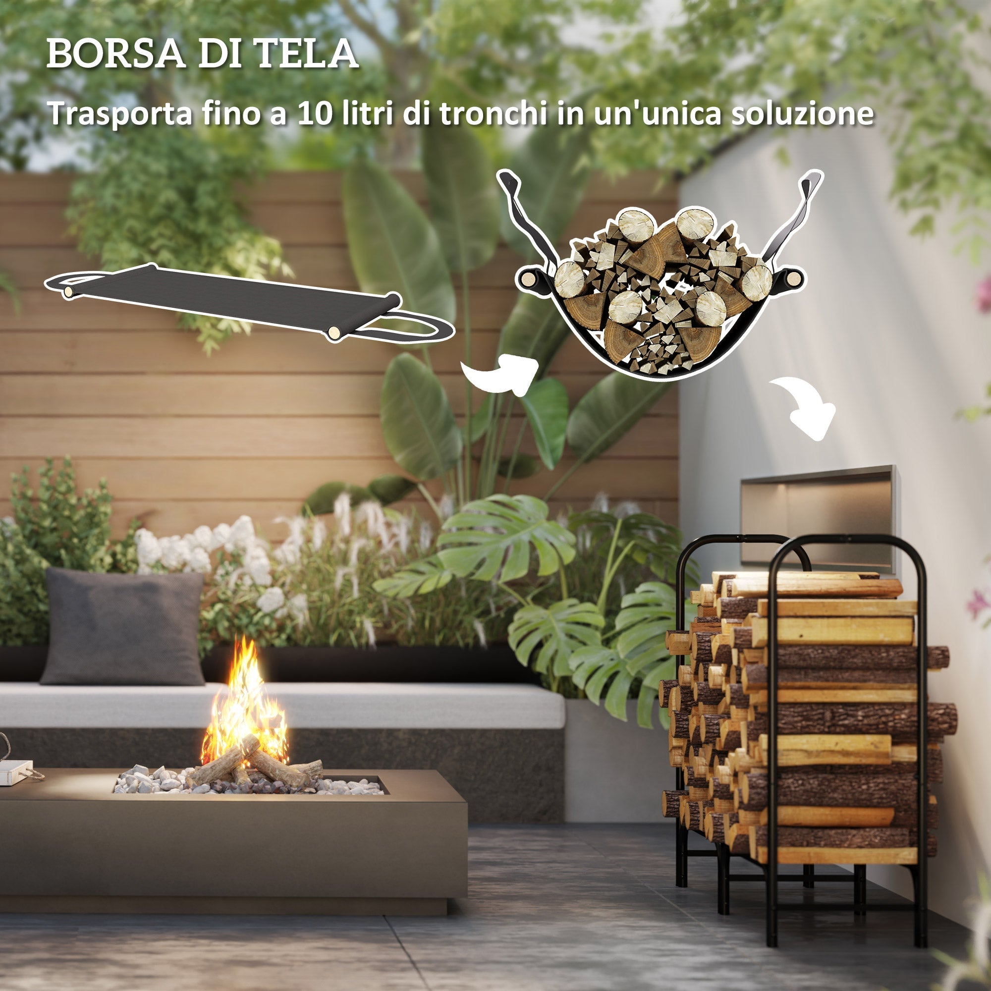 Portalegna per Camino da Interno ed Esterno con Telo Porta Legna e Copertura 120x36x99 cm in Metallo Nero