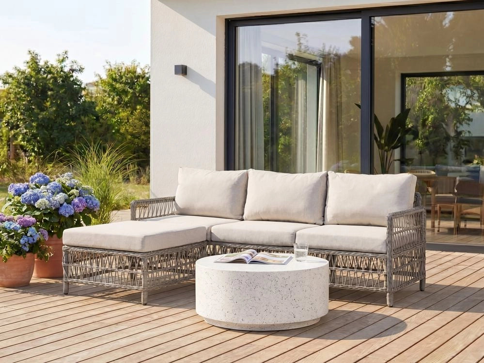 Divano da giardino angolare con pouf in rattan PE grigio a 3 posti divano da esterno in vimini intrecciato stile tradizionale