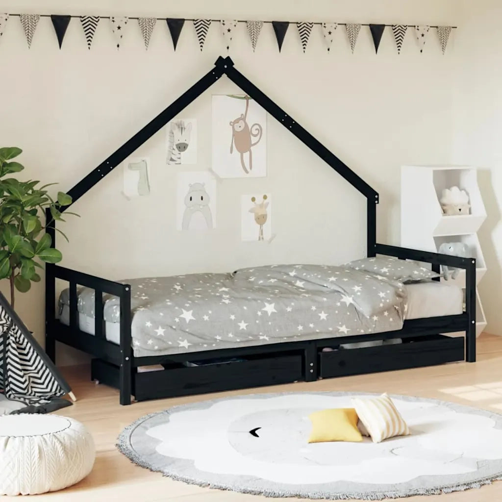Giroletto Bambini | Letto Infantile | Lettino con Cassetti Nero 90x200cm Massello di Pino