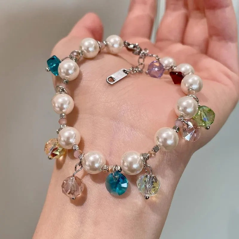 Collana e bracciale fatti a mano con perline colorate, cristalli e perle, regalo di Natale o di compleanno.