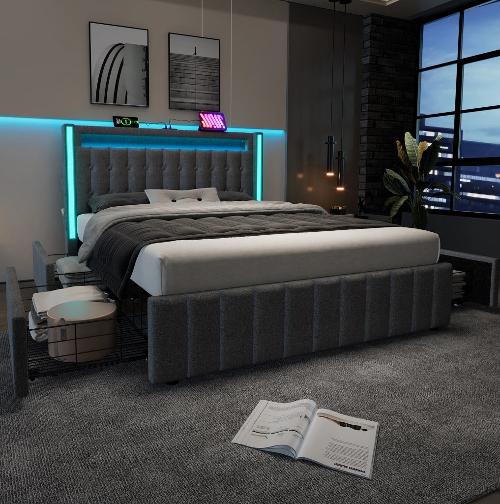 Letto 160x200 cm con testiera in lino; LED; 3 USB e Type-C; 4 cassetti; grigio