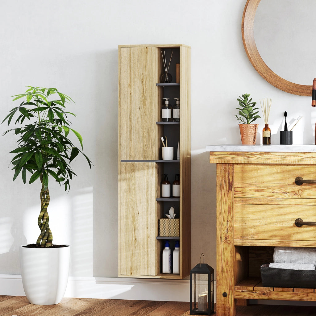 Colonna Bagno Armadietto Parete con Ante e Ripiani Aperti ¨C Minimal ¨C 40x24x141,5 cm Legno Naturale