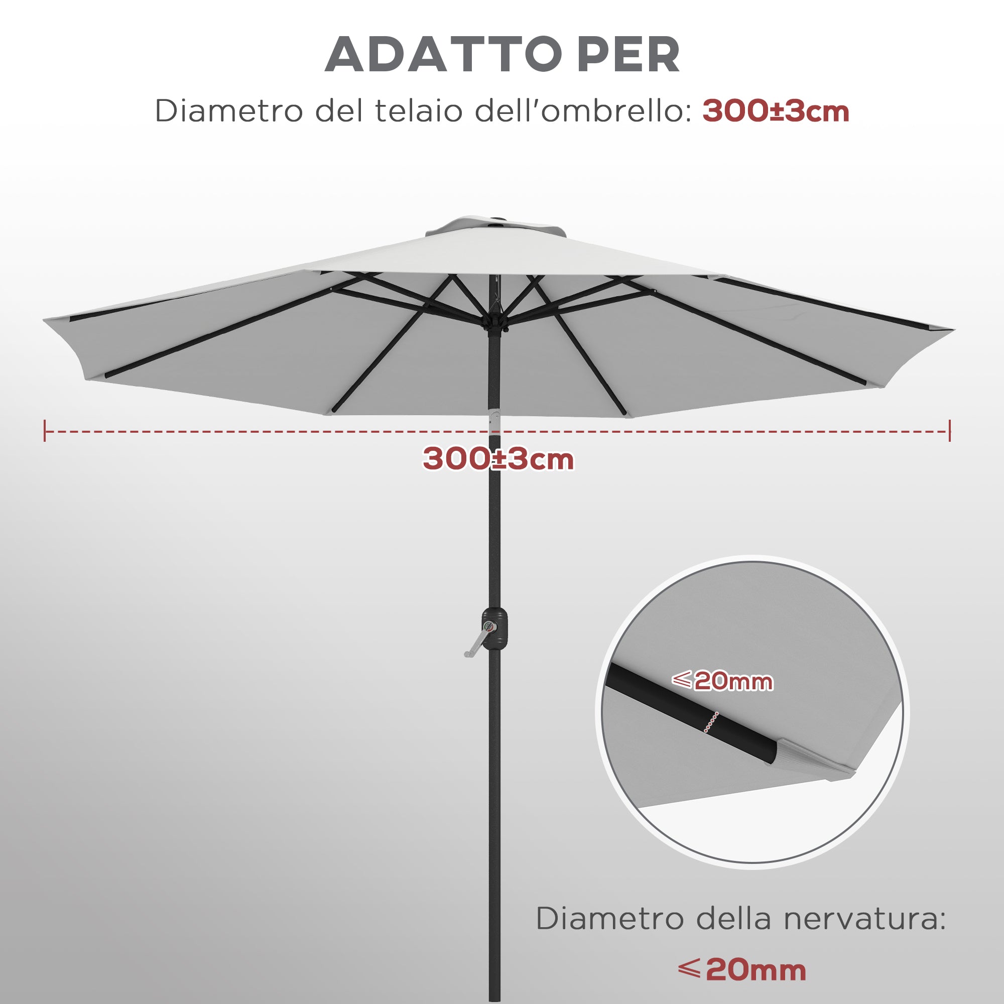 Telo per Ombrellone da Ø295 cm 8 Stecche Palo Centrale o Laterale Resistente all'Acqua Bianco