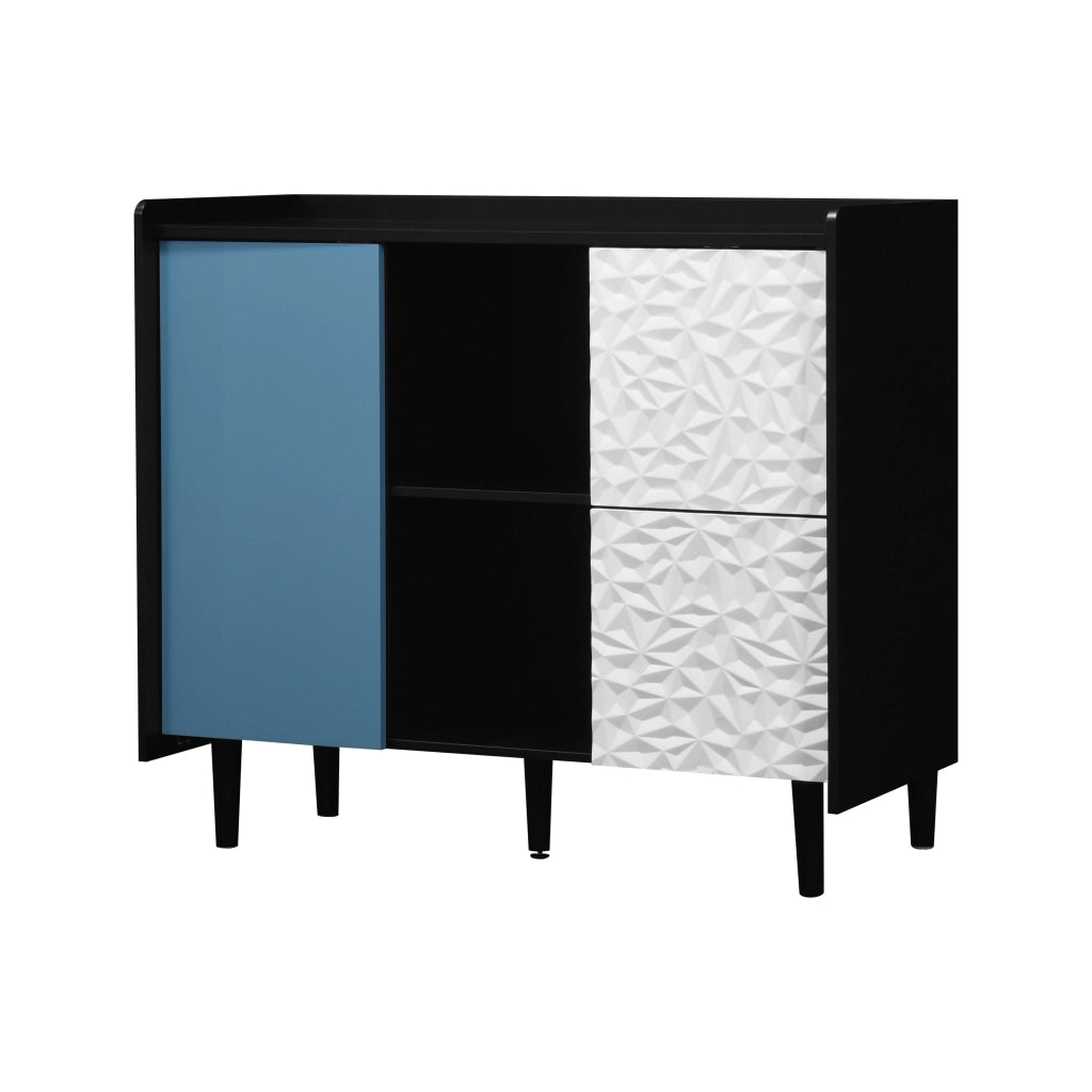 Credenza con 2 cassetti e vano aperto in MDF nero e blu per soggiorno e sala da pranzo 40 × 90 × 80 cm