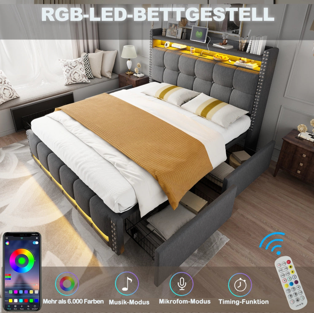 Letto matrimoniale imbottito 140x200 cm con LED e USB; contenitore e rivestimento in lino grigio