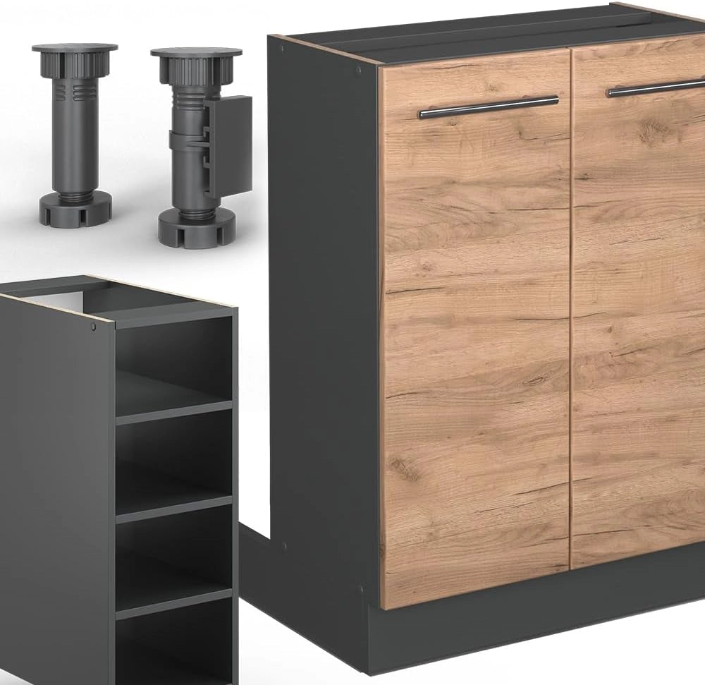 Isola cucina Fame-Line, Quercia dorata/antracite, 90 cm senza piano di lavoro, adatto per l'espansione con moduli aggiuntivi compatibili