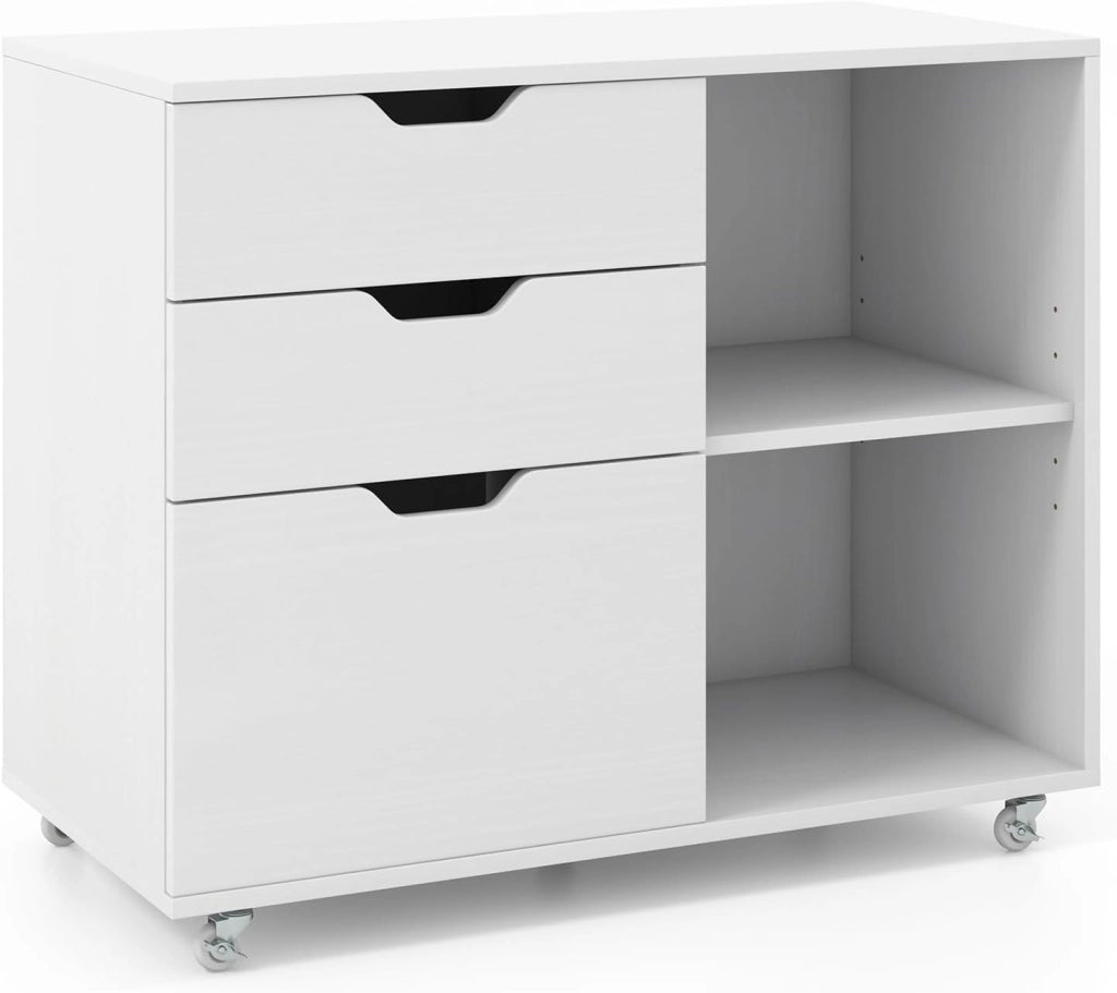 Cassettiera Ufficio, Mobiletto Rimovibili in Legno con 3 Cassetti Regolabili, 2 Scomparti e Ruote con Freno, Credenza Multiuso per Soggirno e Ingresso (Bianco)