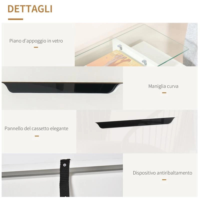 SCARPIERA MODERNA, 2 CASSETTI PER 16 SCARPE CON MENSOLA REGOLABILE E RIPIANO IN VETRO, 89X23X96CM, BIANCO LUCIDO