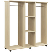 Armadio Guardaroba a Rotelle 120x40x128 cm con 2 Barre e 3 Ripiani Aperti in Legno e Alluminio Color Legno