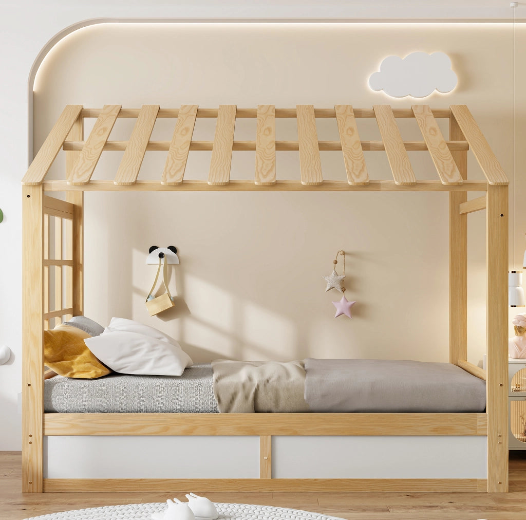 Letto per bambini 90x200 cm con contenitore idraulico e vani laterali in legno bianco e colore naturale