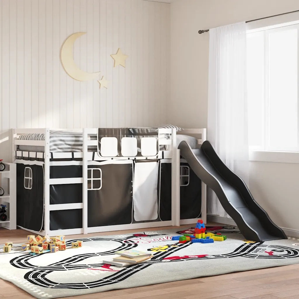 Letto a Castello con Scivolo e Tende Bianco e Nero 90x200 cm