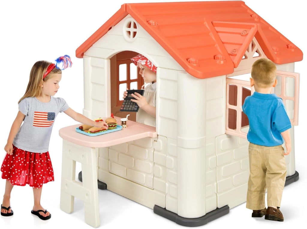 Casetta per Bambini con Porte e Finestre, Casetta Giocattolo con Tavolo, Set Giocattolo con 7 Pezzi, Ideale per Bambini 3-8 Anni, 164x124x132 cm (Rosa)