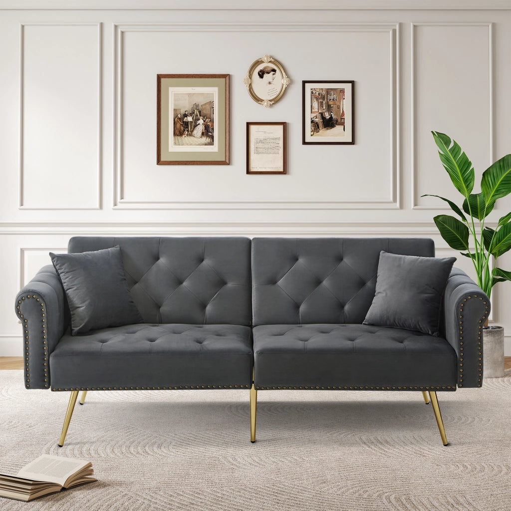 Divano Letto 2 Posti con Schienali Regolabili in 3 Posizioni e 2 Cuscini, in Velluto Antique Gray