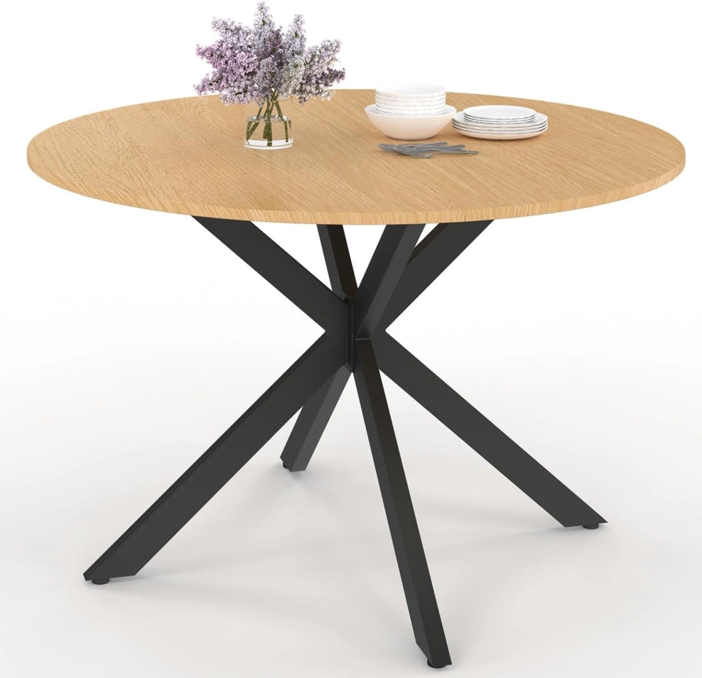 Tavolo da Giardino Rotondo Messina, 120 cm, 6 posti, Gamba a Ragno, Piano in Metallo Effetto Legno