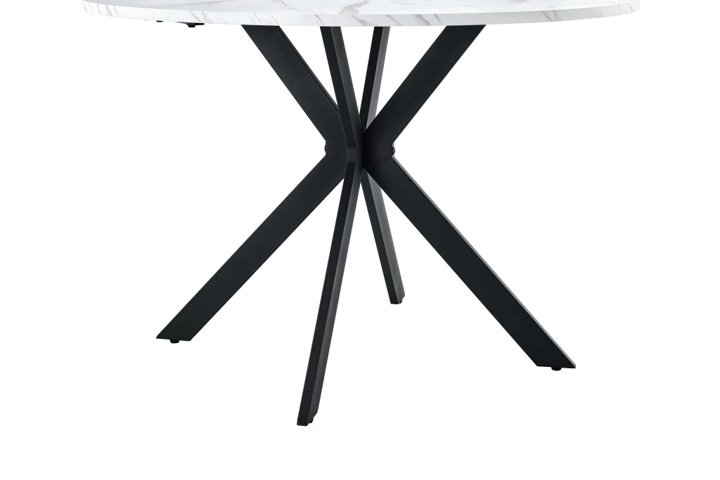 Tavolo da Pranzo Rotondo con Struttura a X; Effetto Marmo; per Cucina e Sala da Pranzo; in MDF e Metallo