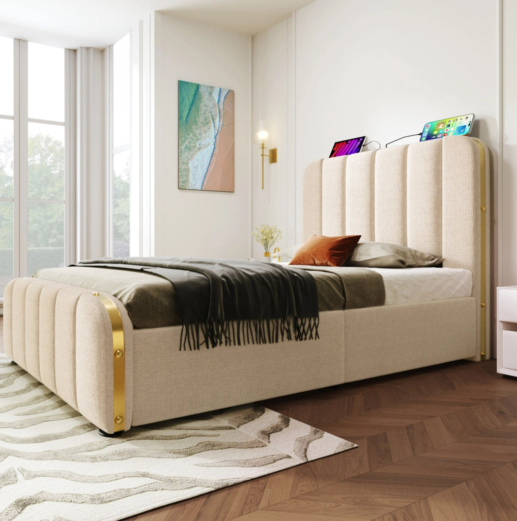Letto 90x200 cm con contenitore idraulico, USB e USB-C in lino beige