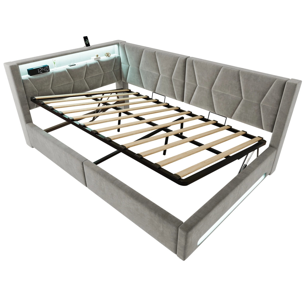Letto imbottito con contenitore 210x148.5x83 cm con LED; USB e Type-C in velluto e metallo