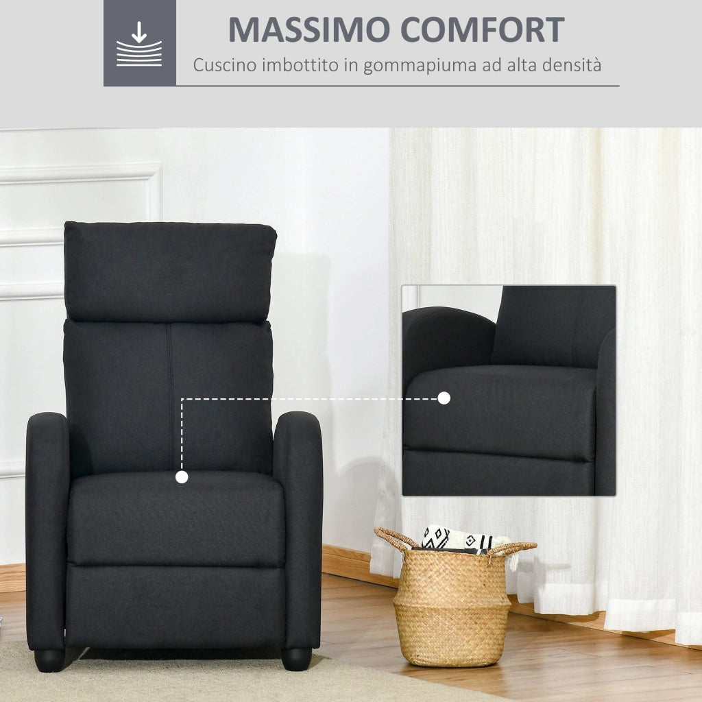 EasyComfort Poltrona Relax Imbottita con Schienale Reclinabile 135° e Poggiapiedi Estraibile, in Lino Nero, 69x87x100.5cm