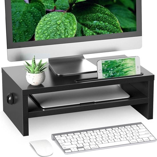 Stand per monitor con supporto per smartphone e gestione di cavi - pannello per laptop, iMac, pc, tv - nero con 2 livelli Elevatore per monitor