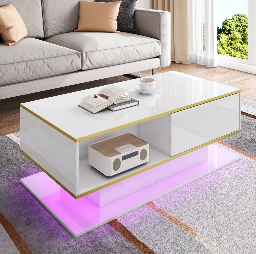 Tavolino da caffè 100x50x40 cm con 3 cassetti e LED in pannello di particelle bianco e oro
