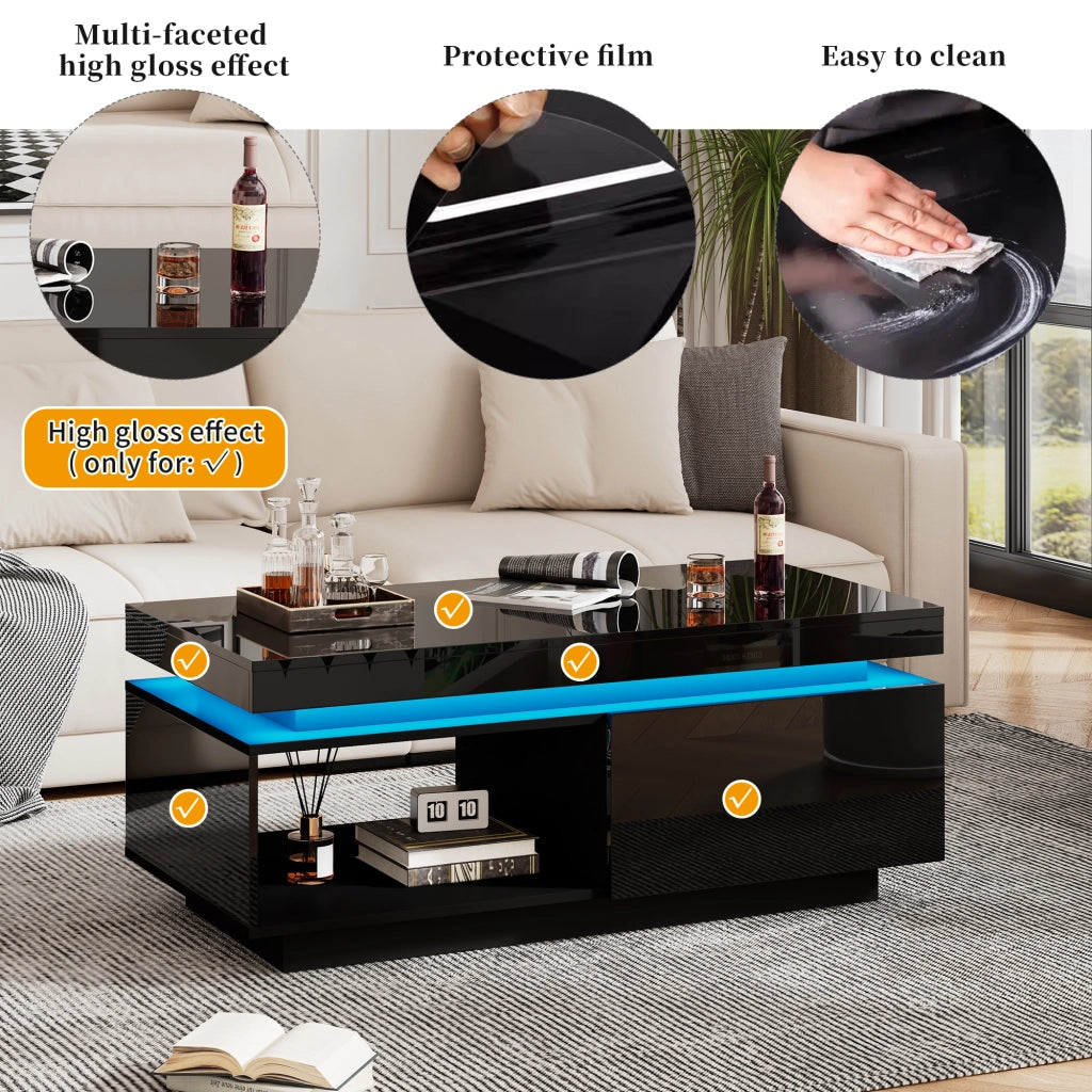 OKWISH Set mobili soggiorno Mobile TV e Tavolino con LED, Frontali Lucidi, in Pannelli di Truciolare Nero