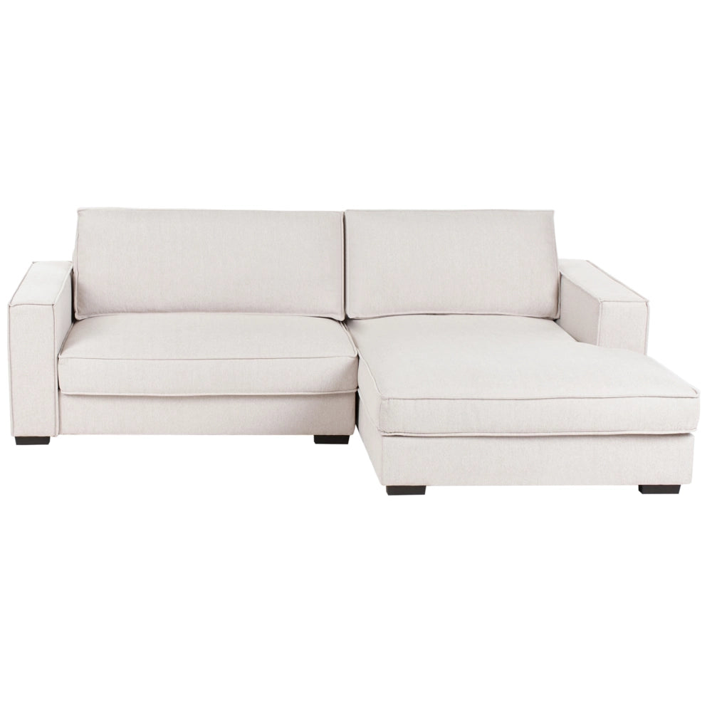 Divano 2 posti ad angolo con schienale in tessuto imbottito e cuscini beige chiaro lato sinistro stile moderno