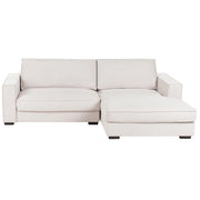 Divano 2 posti ad angolo con schienale in tessuto imbottito e cuscini beige chiaro lato sinistro stile moderno
