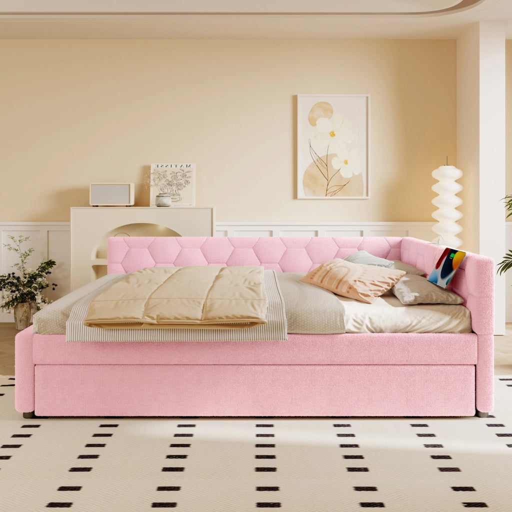Daybed 140x200 cm con rete, divano letto estraibile multifunzione, luce da comodino, USB e Type-C, rosa