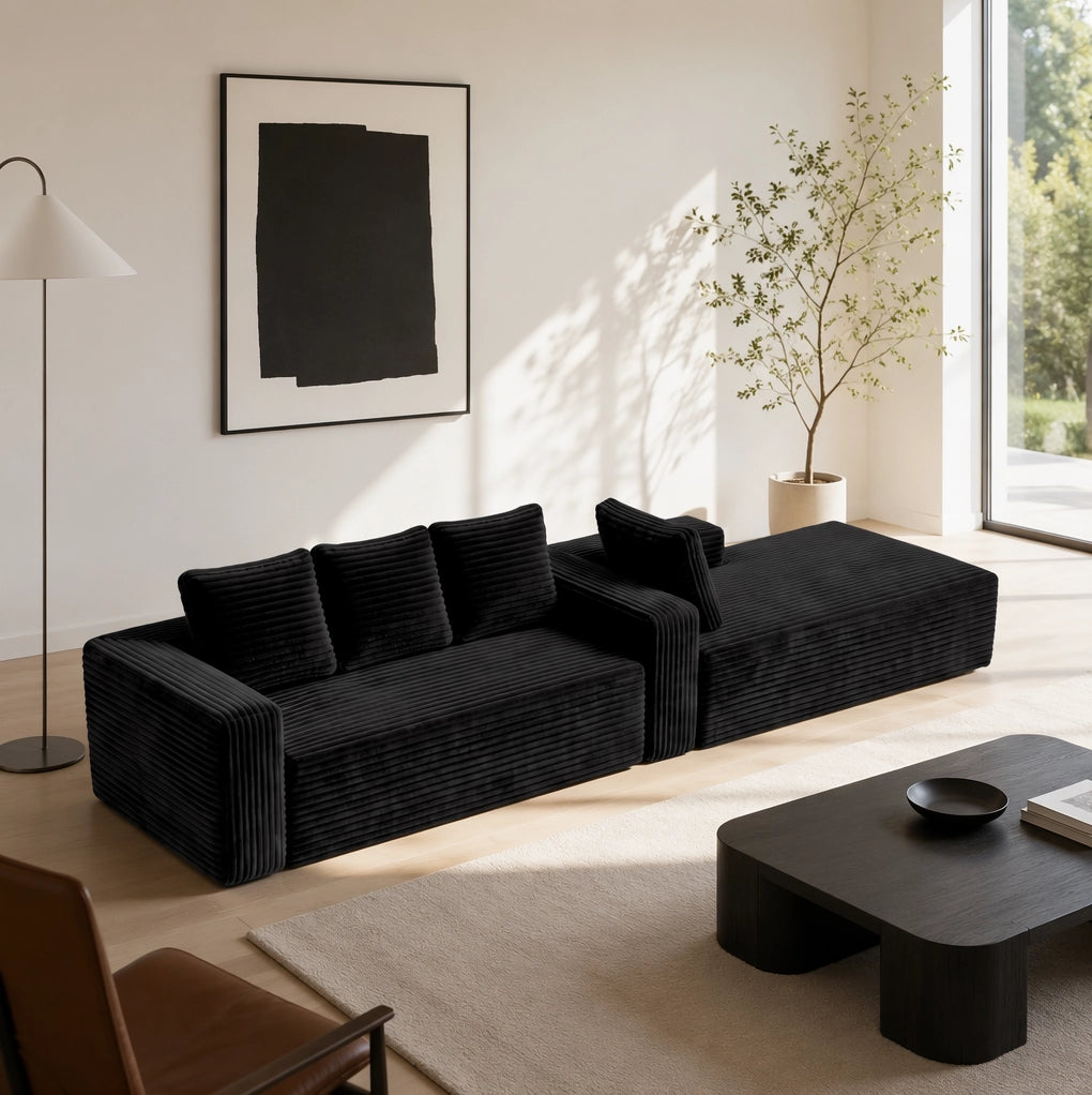 Divano modulare angolare a L con chaise reversibile; senza montaggio; in velluto a coste nero