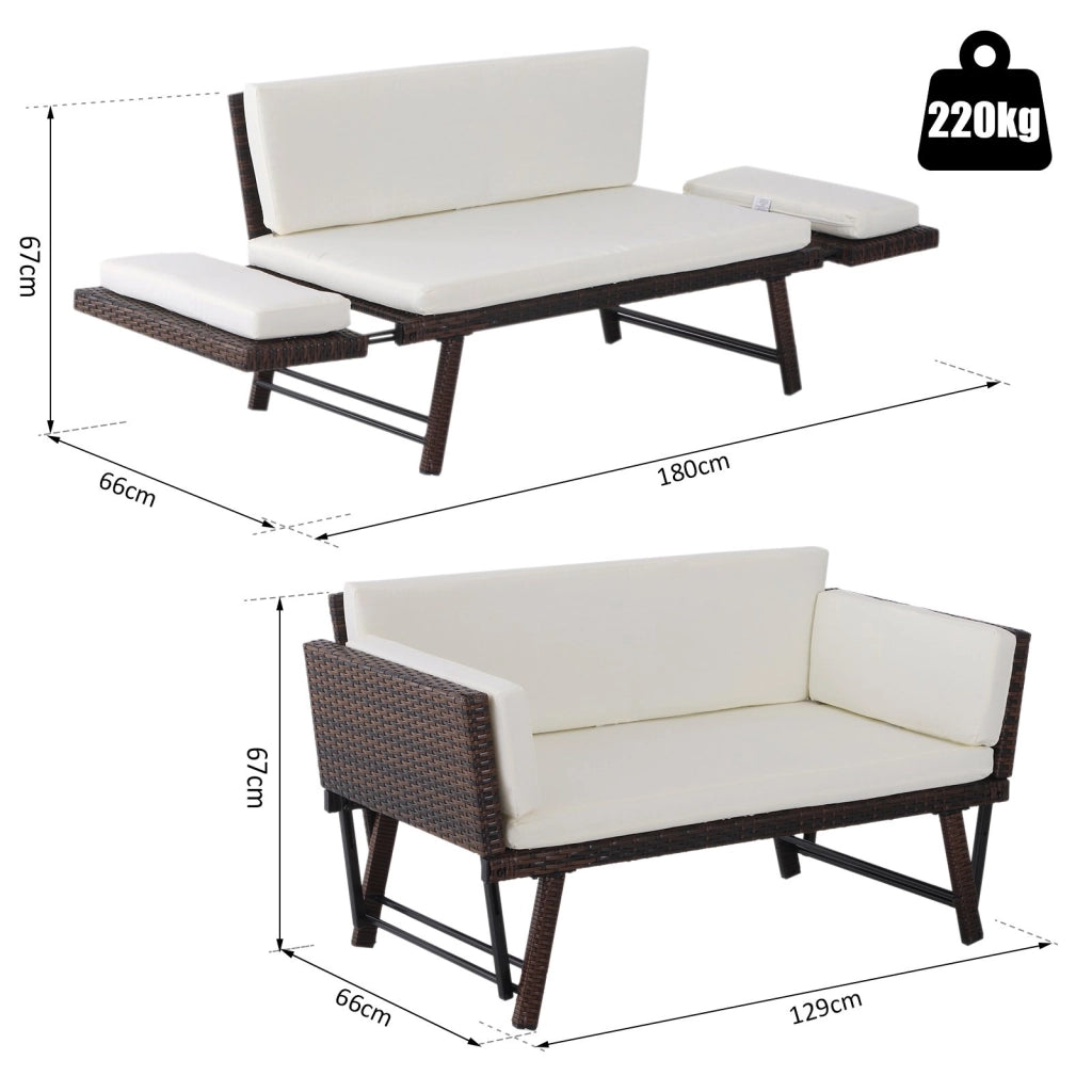 EasyComfort Divano 2 Posti con Braccioli Estensibili da Giardino Rattan 129x63x67cm Bianco, Marrone