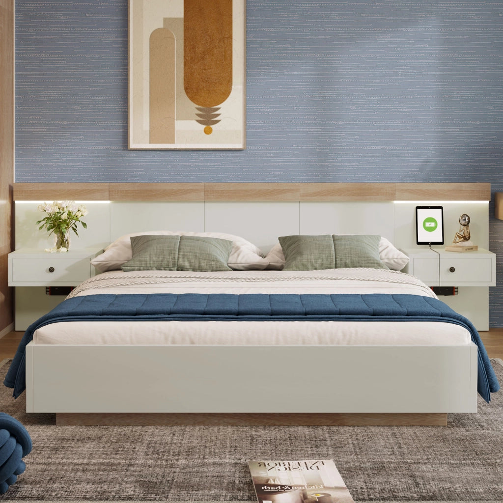 Letto Matrimoniale 160×200 cm; 2 Posti con 2 Comodini LED; USB; Tipo C e Presa; senza Materasso